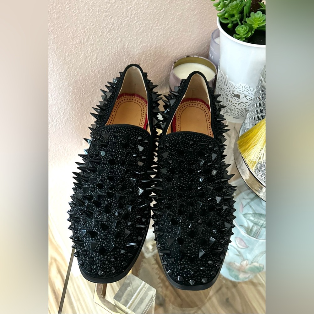 Black with Red Bottom Soles Spiked Studded Rivets Slip On Dress Shoes/Loafers 41 - Picture 5 of 16